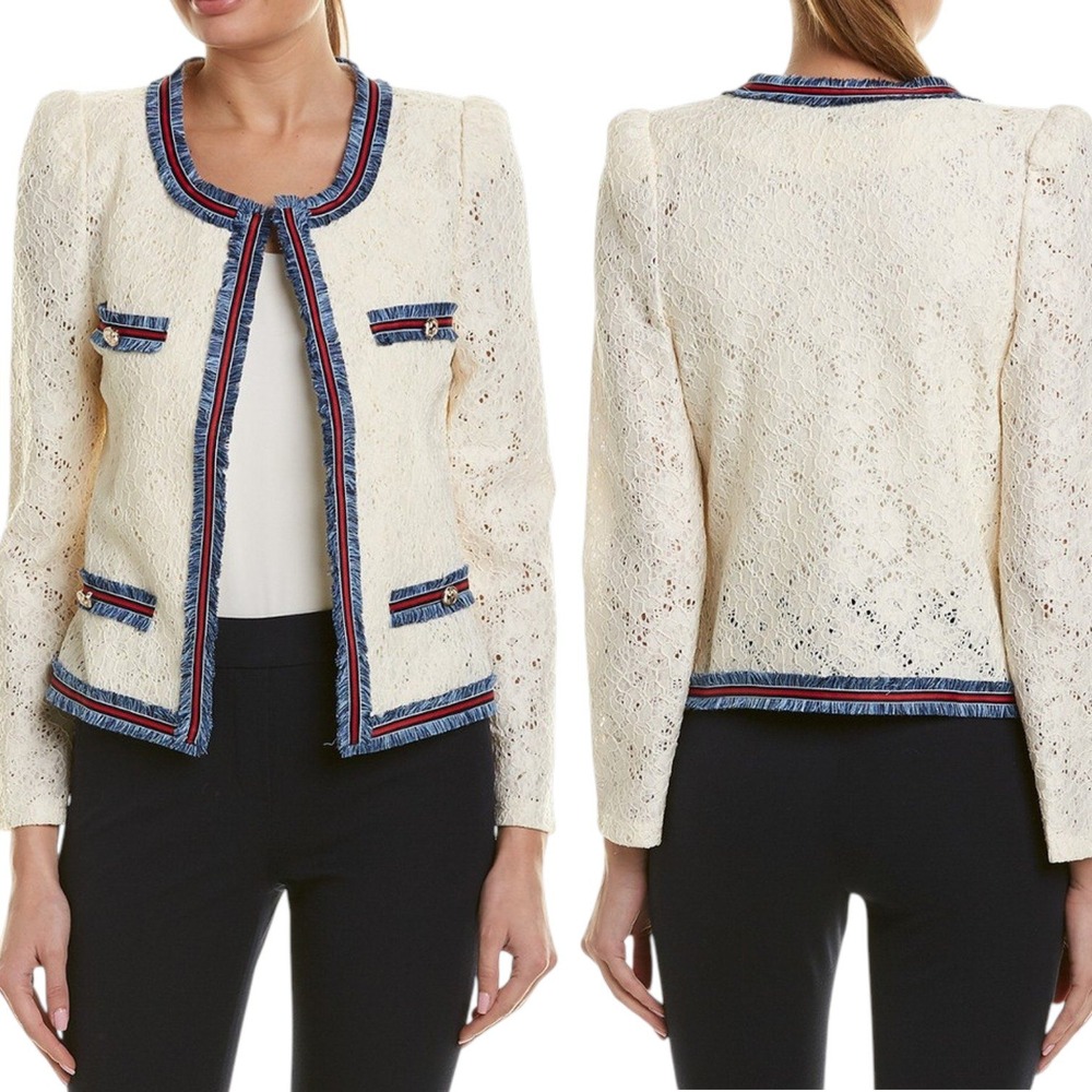 Gracia Lace Jacket Womens M Cream Fringe Trim Hook Eye Lightweight Blazer NEW